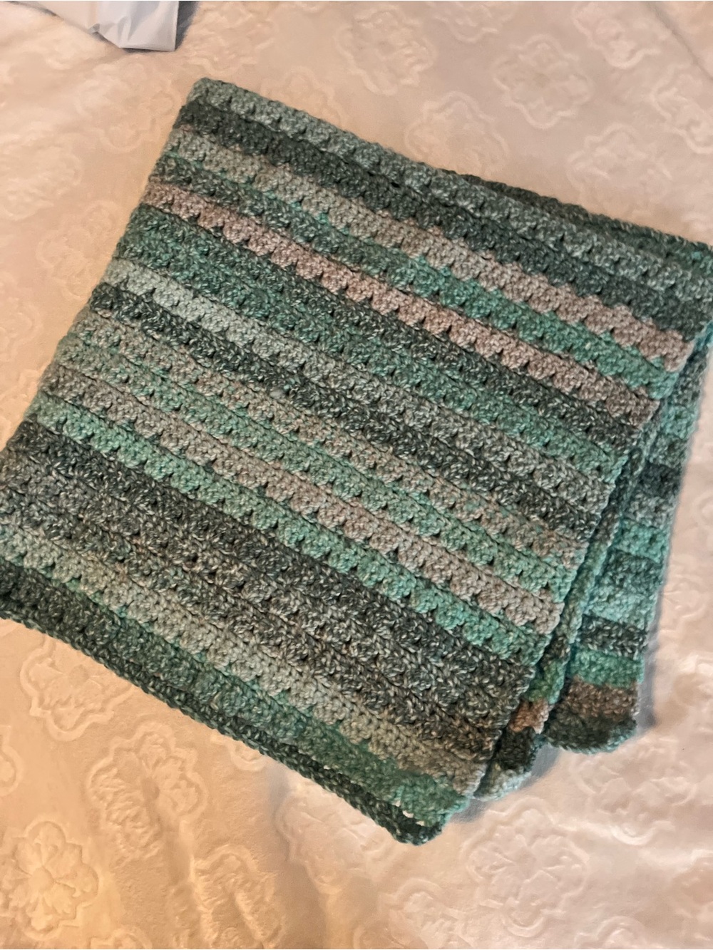 Handmade Striped Crochet Throw Blanket - shades of Teal and grey 34"x33"